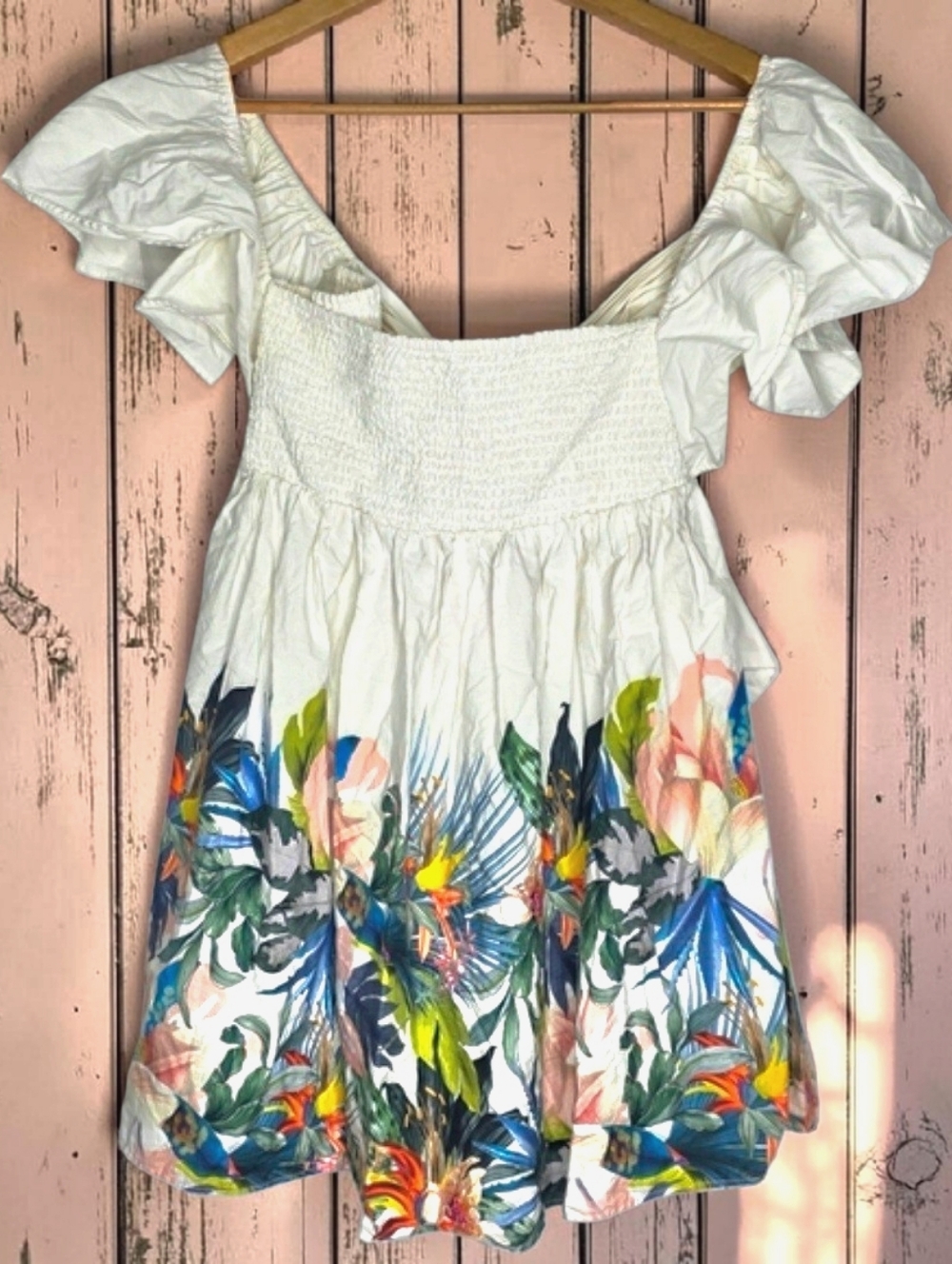 Anthropologie Ruffle-Sleeve Open-Back Mini Dress Vibrant Tropical On White Med